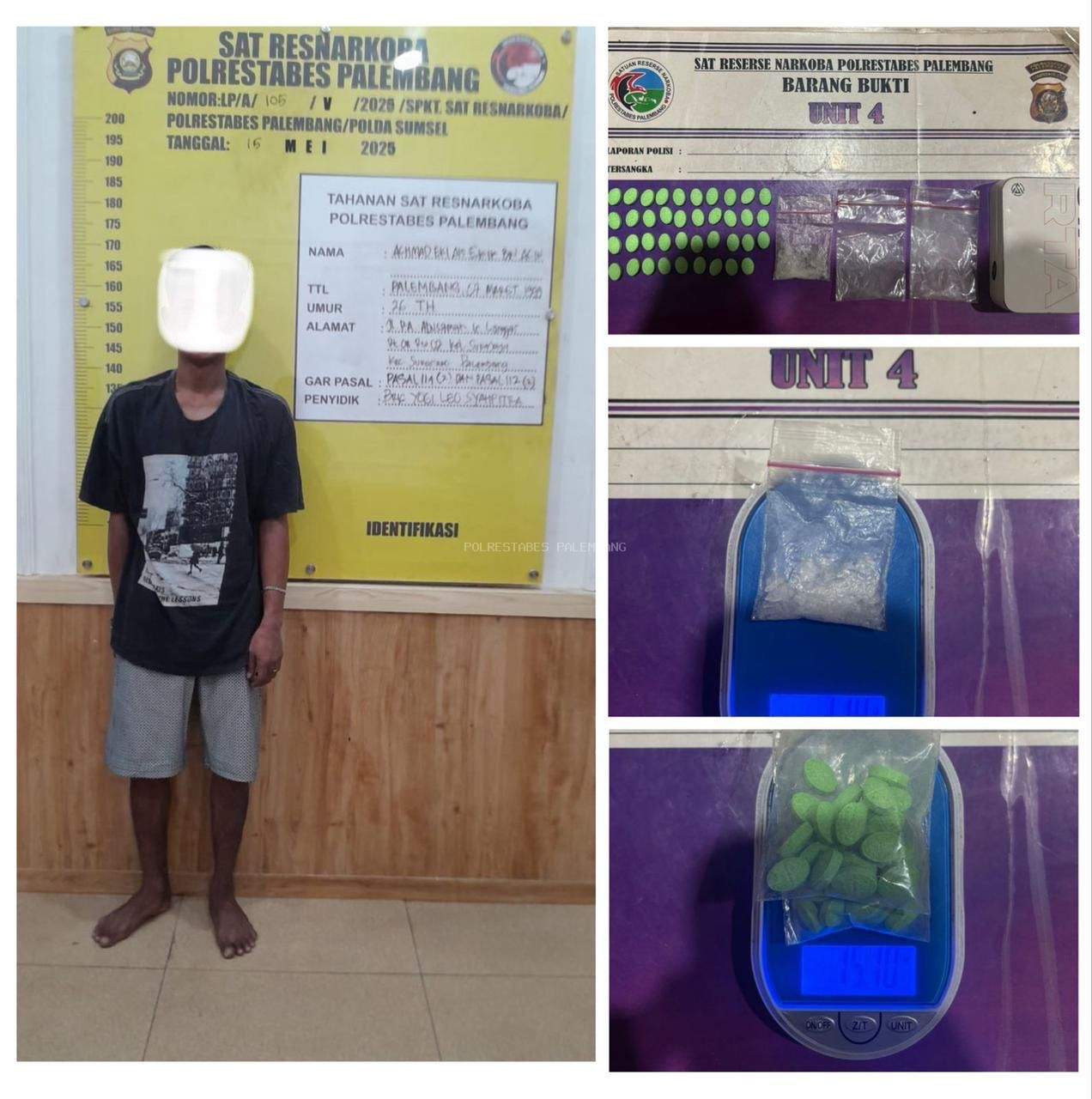Satresnarkoba Polrestabes Palembang Bekuk Buruh Lepas Pengedar Sabu dan Ekstasi