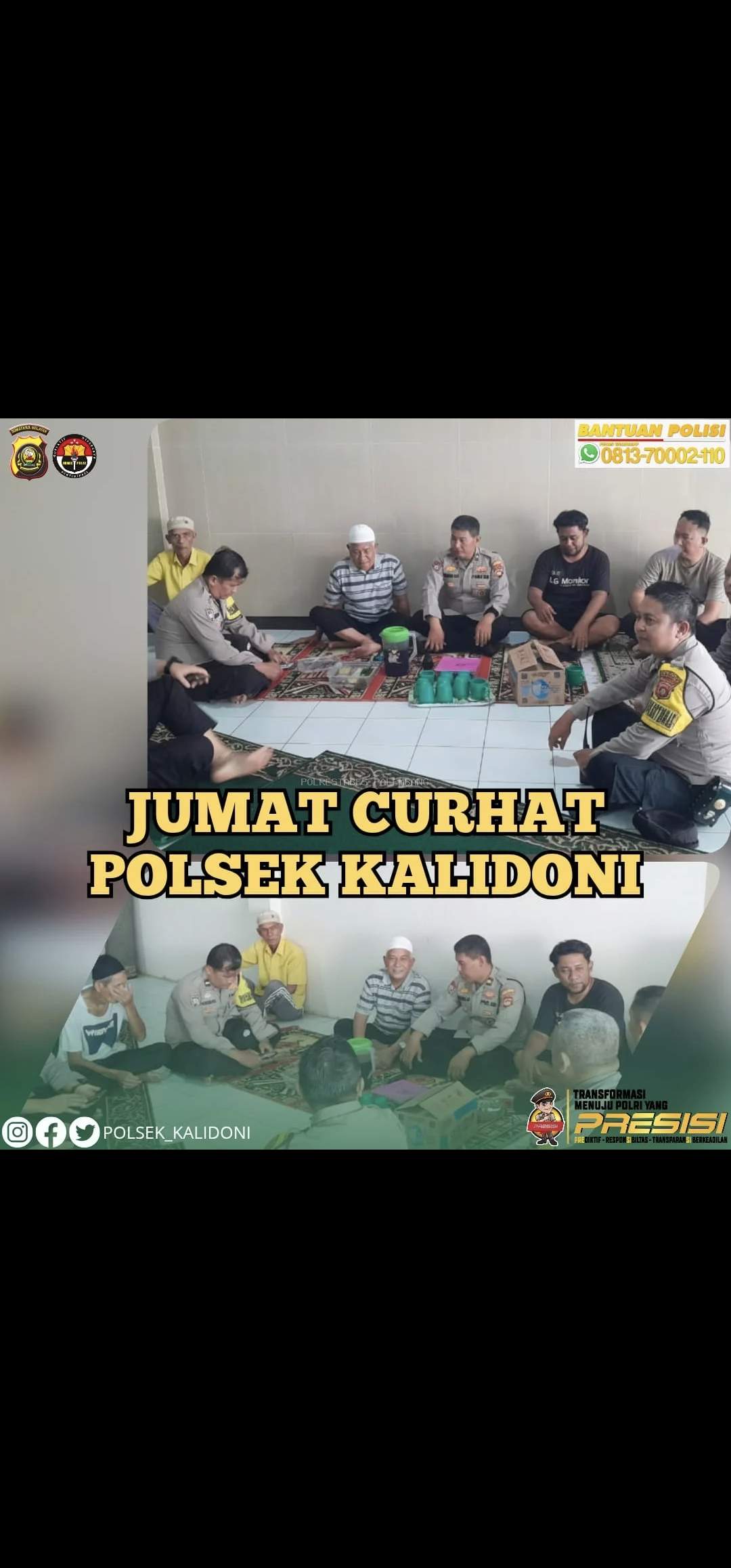 Dalam rangka mempererat hubungan silaturahmi serta meningkatkan komunikasi antara Polri dan masyarakat, Polsek Kalidoni melaksanakan kegiatan Jumat Curhat di Masjid Adil Makmur, Kecamatan Kalidoni